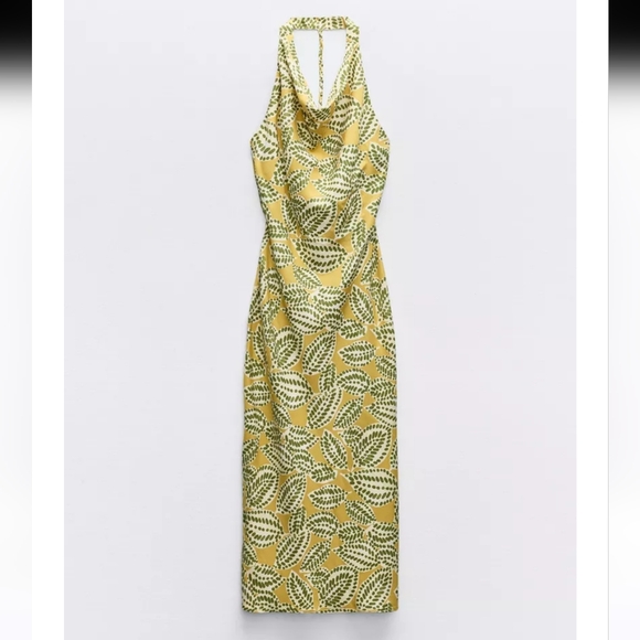 Zara Linen Blend Leaf Pattern Midi Dress Size Large Green, Yellow & Cream - Picture 4 of 14